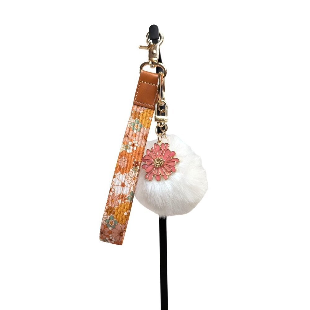 Purse Fob Retro Flower Power Charm Keychain Pompom Wristlet Wrist Strap Lanyard